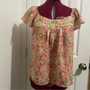 Laura women pink tangerine floral sheer lined short sleeves top. Size M. Used.